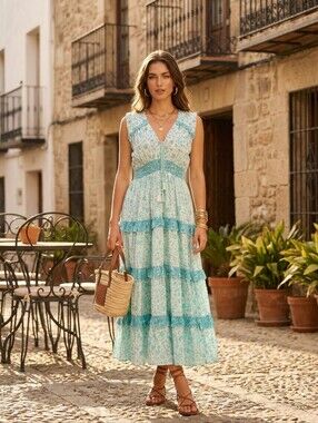 NWT European Handmade  Sleeveless Ruffled Tiered Viscose Dress Size S/M or M/L